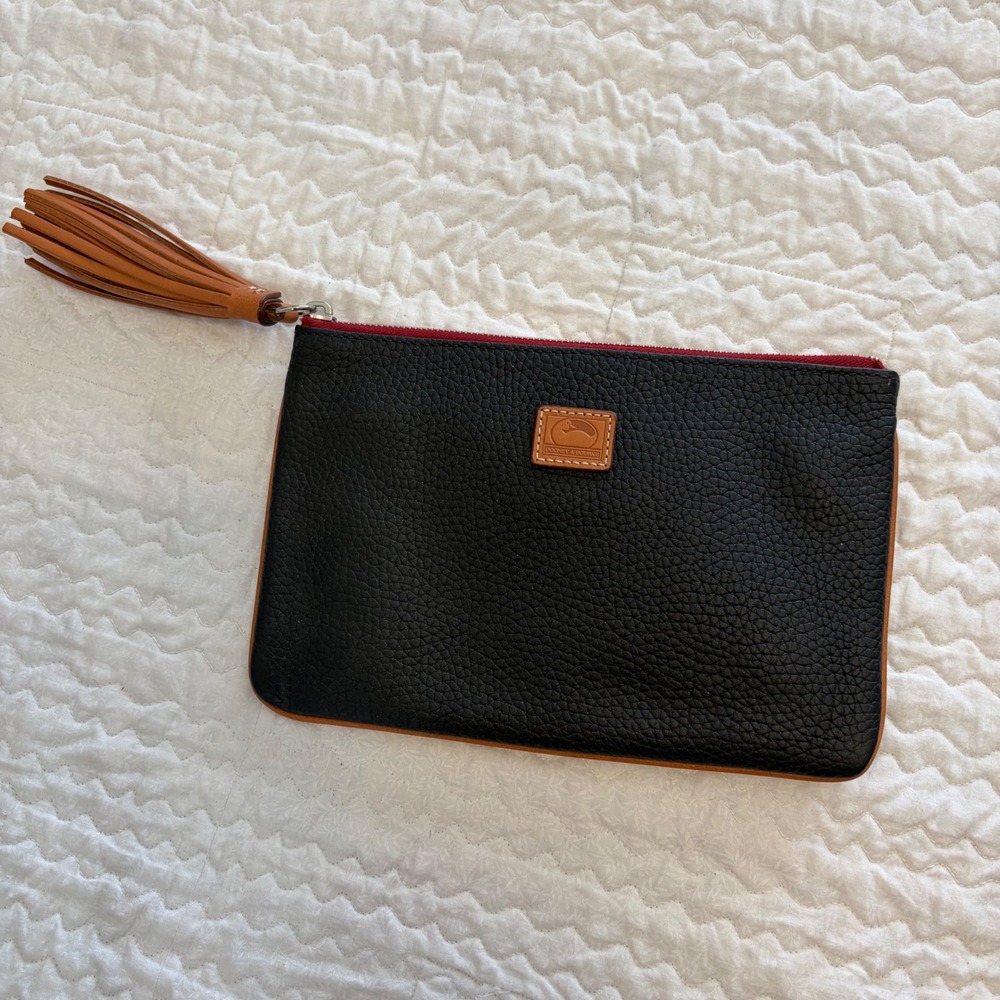 Dooney & Bourke Black Pebble Grain Leather Tassel Pouch Clutch Wallet Bag